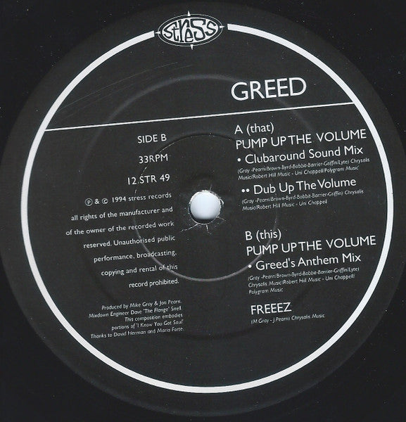 Greed : Pump Up The Volume (12", Promo)